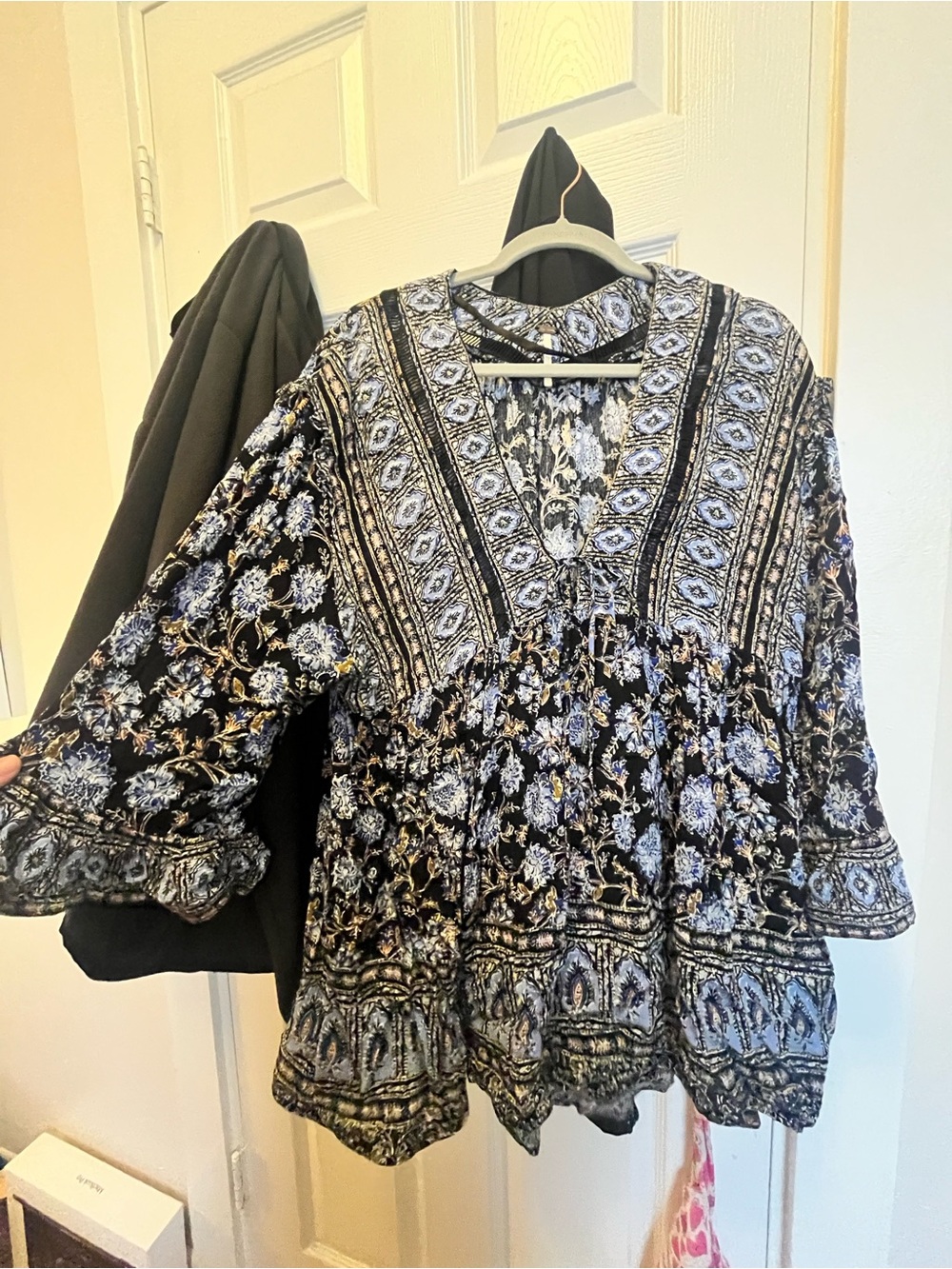 Free People Floral Black and Blue Peasant Blouse